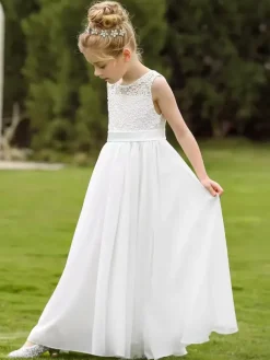 White Flower Girl Dresses White Lace Sleeveless Jewel Neck Flower Girl Dresses