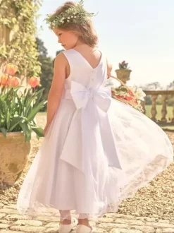 White Flower Girl Dresses White Satin Fabric Sleeveless Jewel Neck Flower Girl Dresses
