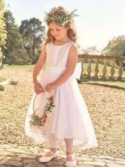 White Flower Girl Dresses White Satin Fabric Sleeveless Jewel Neck Flower Girl Dresses