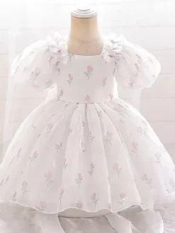 White Flower Girl Dresses Baby Blue Polyester Short Sleeves Square Neck Flower Girl Dresses