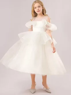White Flower Girl Dresses Champagne Organza Sleeveless Jewel Neck Flower Girl Dresses