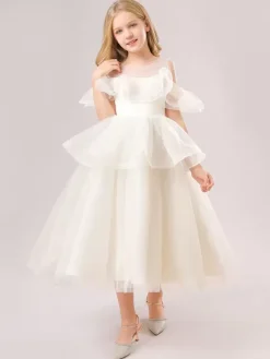 White Flower Girl Dresses Champagne Organza Sleeveless Jewel Neck Flower Girl Dresses