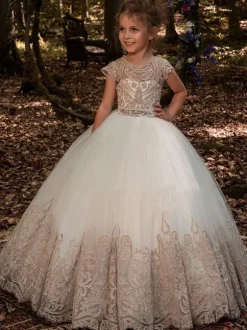 White Flower Girl Dresses Champagne Tulle Short Sleeves Jewel Neck Flower Girl Dresses