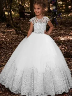 White Flower Girl Dresses Champagne Tulle Short Sleeves Jewel Neck Flower Girl Dresses