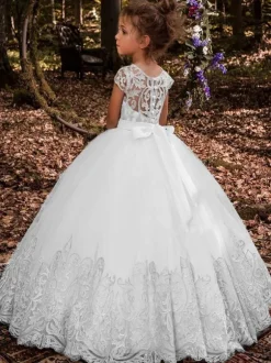White Flower Girl Dresses Champagne Tulle Short Sleeves Jewel Neck Flower Girl Dresses