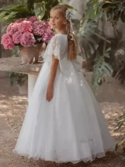 White Flower Girl Dresses Ivory Tulle Short Sleeves Jewel Neck Flower Girl Dresses
