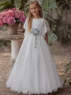 White Flower Girl Dresses Ivory Tulle Short Sleeves Jewel Neck Flower Girl Dresses