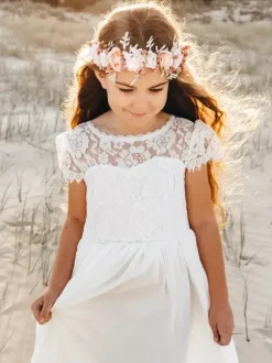 White Flower Girl Dresses Ivory Chiffon Short Sleeves Jewel Neck Flower Girl Dresses