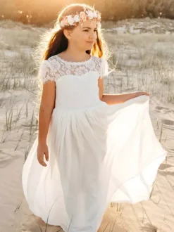 White Flower Girl Dresses Ivory Chiffon Short Sleeves Jewel Neck Flower Girl Dresses