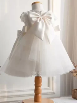 White Flower Girl Dresses Ivory Tulle Short Sleeves Jewel Neck Flower Girl Dresses