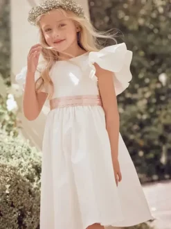 White Flower Girl Dresses Ivory Polyester Short Sleeves Jewel Neck Flower Girl Dresses