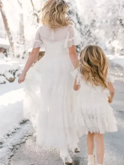 White Flower Girl Dresses Ivory Tulle Short Sleeves Designed Neckline Flower Girl Dresses