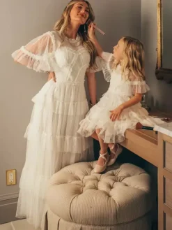 White Flower Girl Dresses Ivory Tulle Short Sleeves Designed Neckline Flower Girl Dresses
