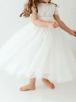 White Flower Girl Dresses Jewel Neck Short Sleeves Ankle Length A Line Lace Kids Party Dresses