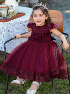 White Flower Girl Dresses Special Occasion Dresses Burgundy Lace Short Sleeves Jewel Neck Flower Girl Dresses