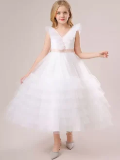 White Flower Girl Dresses Special Occasion Dresses White Tulle Sleeveless V-Neck Flower Girl Dresses