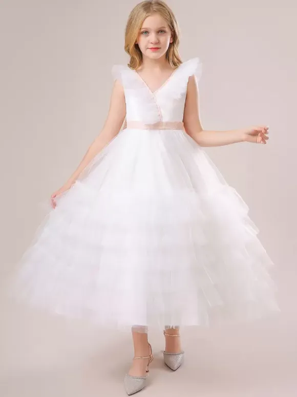 White Flower Girl Dresses Special Occasion Dresses White Tulle Sleeveless V-Neck Flower Girl Dresses
