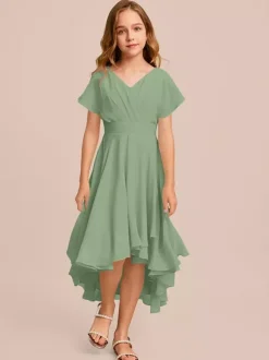 White Flower Girl Dresses Special Occasion Dresses Mint Green Chiffon Short Sleeves V-Neck Flower Girl Dresses