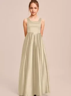 White Flower Girl Dresses Special Occasion Dresses Ivory Satin Fabric Sleeveless Square Neck Flower Girl Dresses