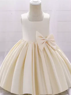 White Flower Girl Dresses Special Occasion Dresses White Satin Fabric Sleeveless Square Neck Flower Girl Dresses