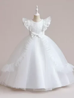 White Flower Girl Dresses Special Occasion Dresses Burgundy Tulle Short Sleeves Jewel Neck Flower Girl Dresses
