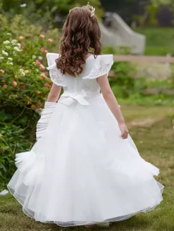 White Flower Girl Dresses Special Occasion Dresses Burgundy Tulle Short Sleeves Jewel Neck Flower Girl Dresses