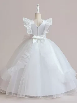 White Flower Girl Dresses Special Occasion Dresses Burgundy Tulle Short Sleeves Jewel Neck Flower Girl Dresses