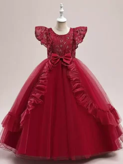 White Flower Girl Dresses Special Occasion Dresses Burgundy Tulle Short Sleeves Jewel Neck Flower Girl Dresses