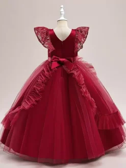 White Flower Girl Dresses Special Occasion Dresses Burgundy Tulle Short Sleeves Jewel Neck Flower Girl Dresses