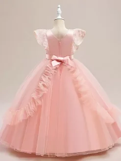 White Flower Girl Dresses Special Occasion Dresses Burgundy Tulle Short Sleeves Jewel Neck Flower Girl Dresses