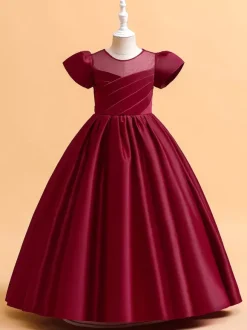 White Flower Girl Dresses Special Occasion Dresses Cameo Pink Satin Fabric Short Sleeves Jewel Neck Flower Girl Dresses