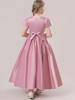 White Flower Girl Dresses Special Occasion Dresses Cameo Pink Satin Fabric Short Sleeves Jewel Neck Flower Girl Dresses