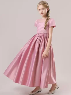 White Flower Girl Dresses Special Occasion Dresses Cameo Pink Satin Fabric Short Sleeves Jewel Neck Flower Girl Dresses