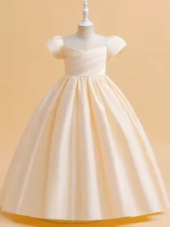 White Flower Girl Dresses Special Occasion Dresses Cameo Pink Satin Fabric Short Sleeves Jewel Neck Flower Girl Dresses