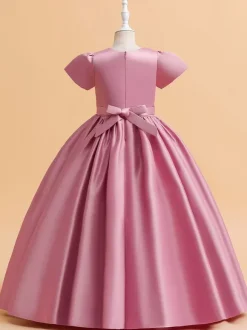 White Flower Girl Dresses Special Occasion Dresses Cameo Pink Satin Fabric Short Sleeves Jewel Neck Flower Girl Dresses