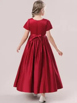 White Flower Girl Dresses Special Occasion Dresses Cameo Pink Satin Fabric Short Sleeves Jewel Neck Flower Girl Dresses