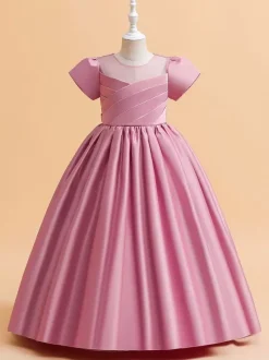 White Flower Girl Dresses Special Occasion Dresses Cameo Pink Satin Fabric Short Sleeves Jewel Neck Flower Girl Dresses