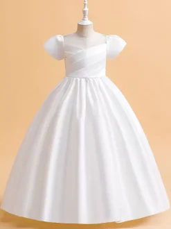 White Flower Girl Dresses Special Occasion Dresses Cameo Pink Satin Fabric Short Sleeves Jewel Neck Flower Girl Dresses