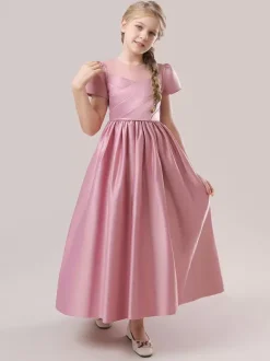 White Flower Girl Dresses Special Occasion Dresses Cameo Pink Satin Fabric Short Sleeves Jewel Neck Flower Girl Dresses