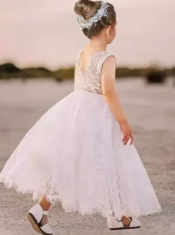 White Flower Girl Dresses White Lace Sleeveless Jewel Neck Flower Girl Dresses