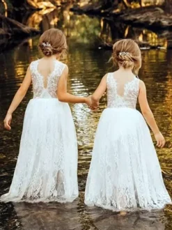 White Flower Girl Dresses White Lace Sleeveless Jewel Neck Flower Girl Dresses