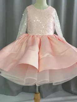 White Flower Girl Dress Lace Jewel Neck Long Sleeves Girls Party Dresses