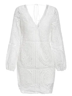White Lace Boho Dress for Women - Backless Long Sleeve V Neck Mini Dress - Summer Beach Vacation Outfit 2026