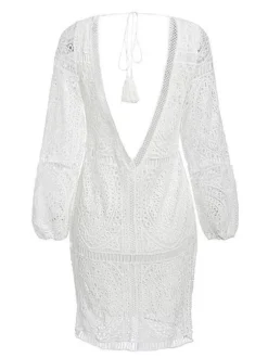 White Lace Boho Dress for Women - Backless Long Sleeve V Neck Mini Dress - Summer Beach Vacation Outfit 2026