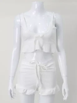 White Lace Trim Coquette 2 Piece Set For Women - Cami & Short Loungewear - Summer Beach Casual 2026