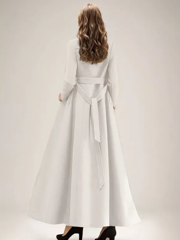White Longline Woolen Coat Notched Lapel Double Breasted Belted Winter Full Length Outerwear For Women 2026