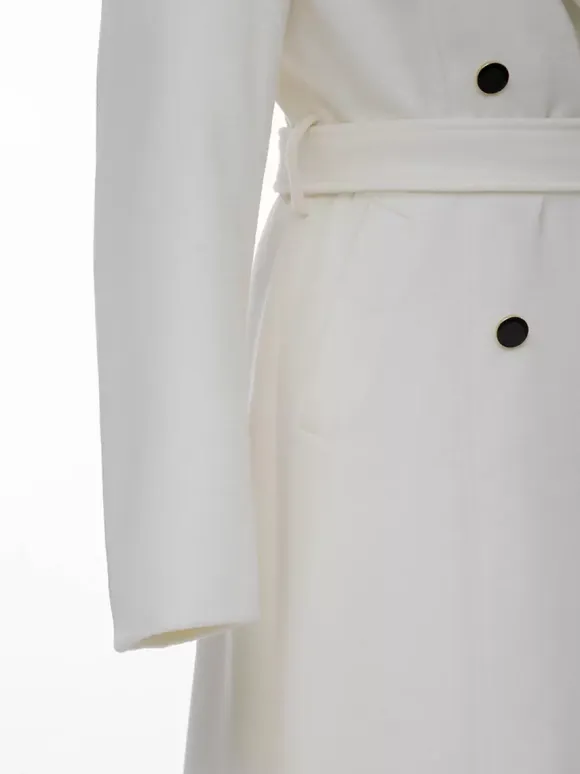 White Longline Woolen Coat Notched Lapel Double Breasted Belted Winter Full Length Outerwear For Women 2026
