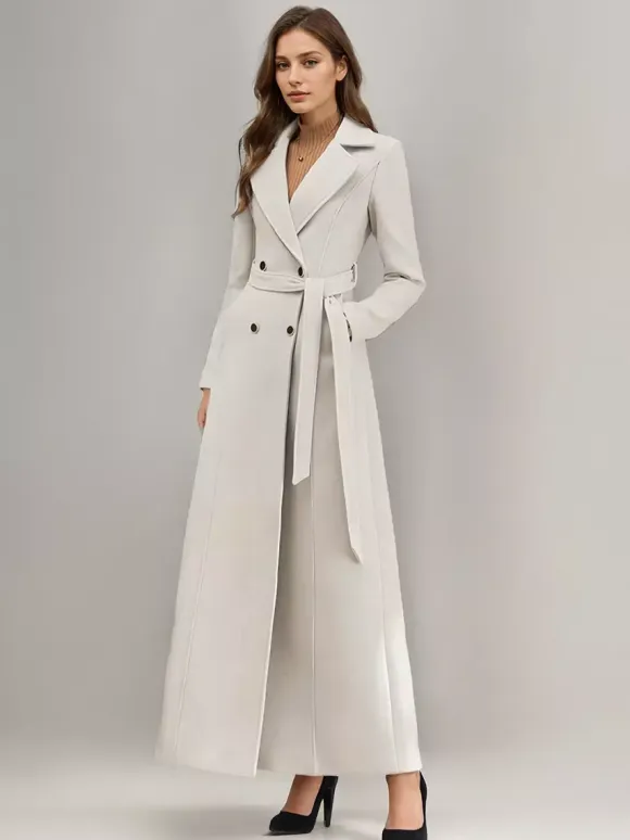 White Longline Woolen Coat Notched Lapel Double Breasted Belted Winter Full Length Outerwear For Women 2026