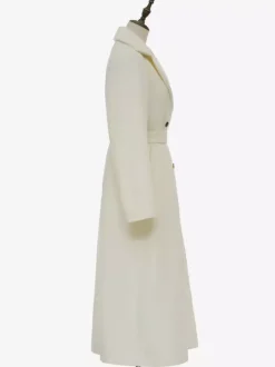 White Longline Woolen Coat Notched Lapel Double Breasted Belted Winter Full Length Outerwear For Women 2026