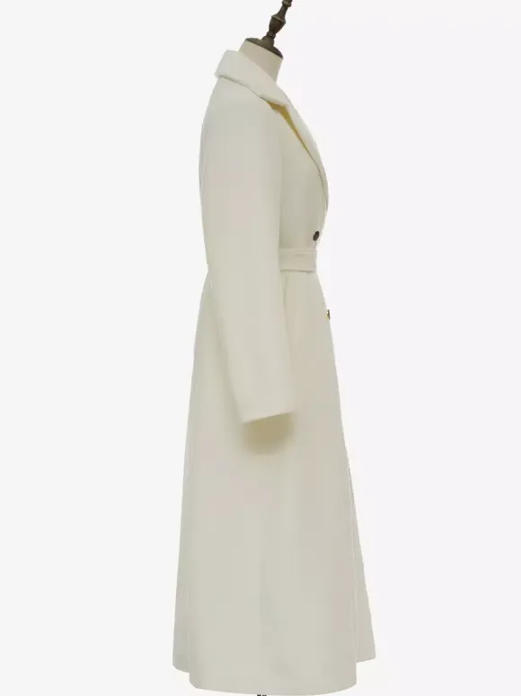 White Longline Woolen Coat Notched Lapel Double Breasted Belted Winter Full Length Outerwear For Women 2026